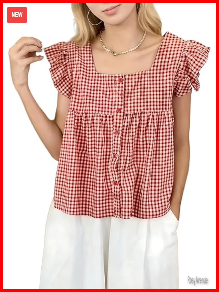 Y2k Gingham Peplum Tank Top Square Neck Ruffle Short Sleeve Blouse Babydoll